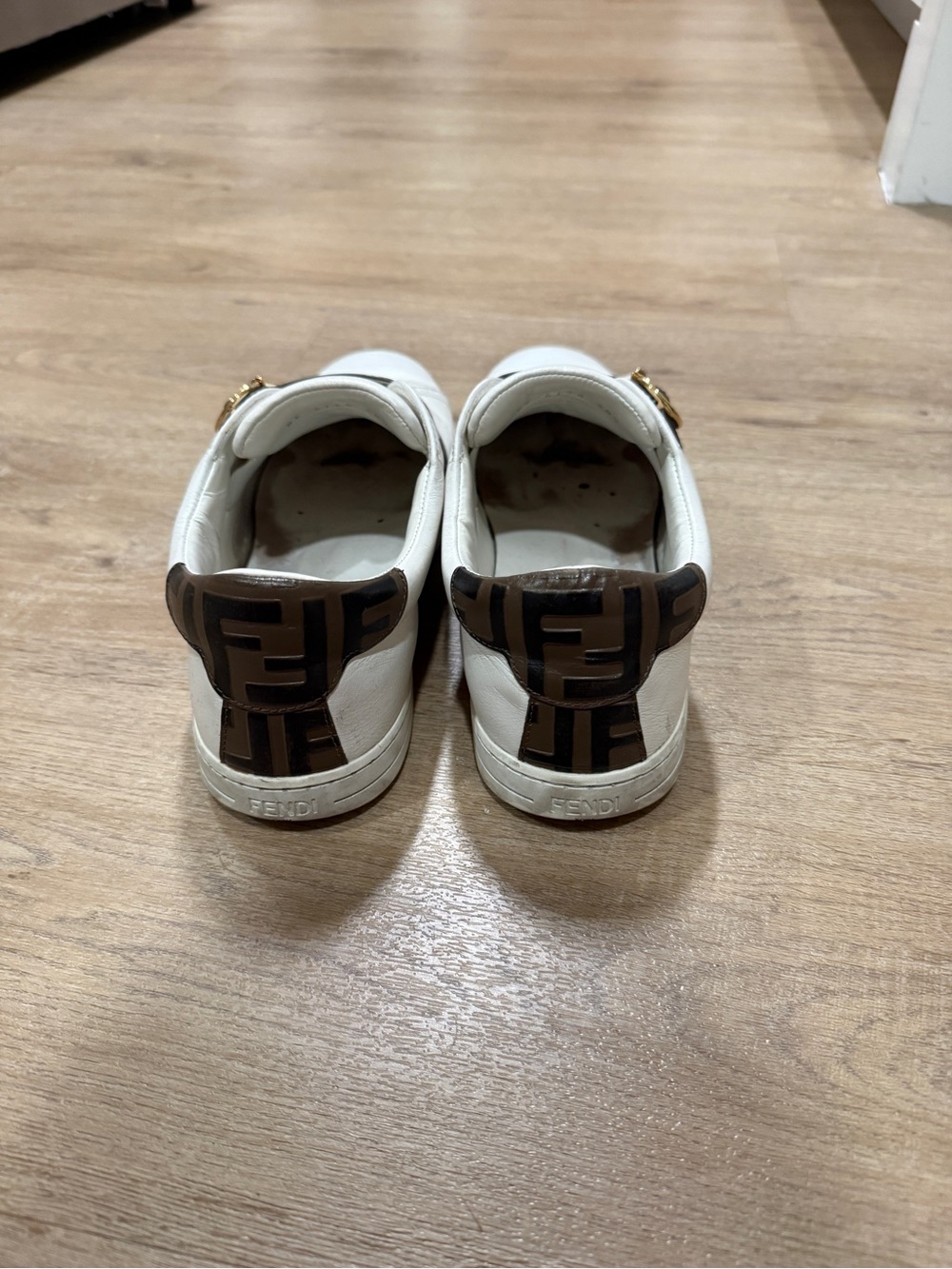 Fendi White Leather Sneakers with Brown FF Strap and Gold Buckle - Picture 4 of 7